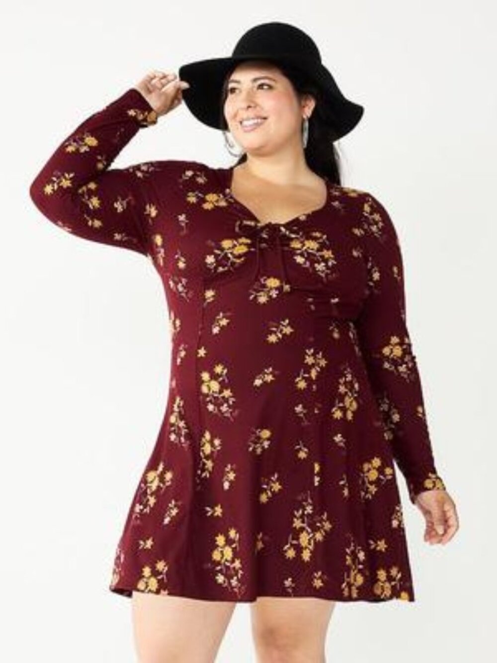 Junior's SO Plus Size Princess Tie- Front Fit & Flare Dress - Wine Floral - 3X